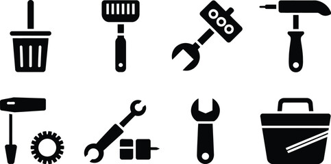 Fototapeta premium Illustration of eight black and white tool icons including wrench hammer and toolbox items