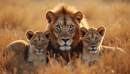 Obraz premium Proud lion family portrait. Lion with cubs in savanna. Close-up of majestic predator. African wildlife, sunny day in the zoo or safari. Warm colors, cute animals, nature.