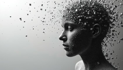 Abstract illustration digital human head profile, concept of information overload, AI, data processing. Human face disintegrates into digital cubes, concept of digital transformation, future tech.