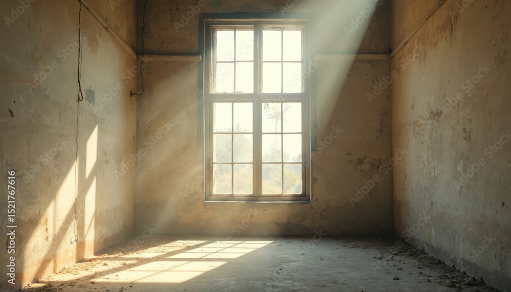 Poster Sunlight streams through an old window in an abandoned building. Bright light illuminates the empty, grunge room. Vintage texture, rough walls create minimalist, empty space, solitude mood.