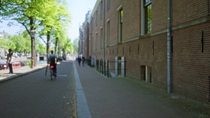 Man cycling along a picturesque european city street with blurred trees, brick buildings, and a canal in the sunny background, evoking a serene and vibrant urban atmosphere.