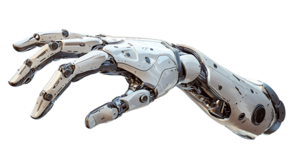 Mechanical robot hand illustration with intricate details on transparent background perfect for AI development and prosthetic design concepts