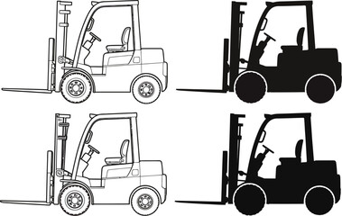Fototapeta premium Four forklift illustrations in black and white line art and silhouette style on white background