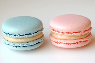 Three beautifully crafted pastel macarons rest together on a white background, showcasing their delightful colors and textures, inviting a sweet treat experience for all