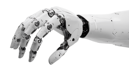 Detailed robotic hand with sleek metallic joints displayed on transparent background ideal for AI, robotics, and innovation visuals