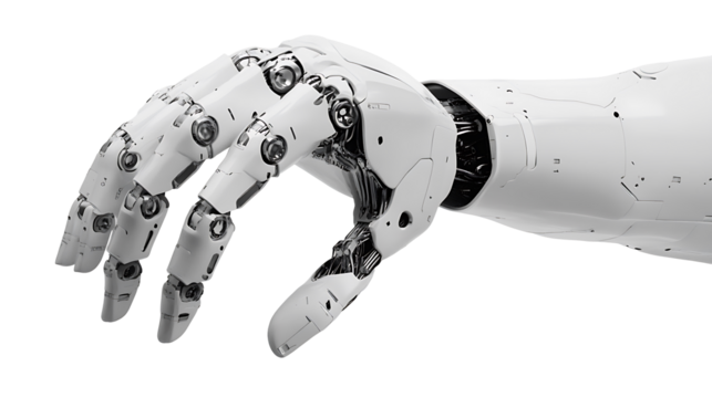 Detailed robotic hand with sleek metallic joints displayed on transparent background ideal for AI, robotics, and innovation visuals - Powered by Adobe