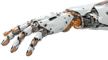 High-tech robotic hand with metallic finish isolated on transparent background suitable for medical prosthetics and futuristic technology themes