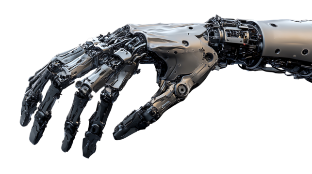 Detailed futuristic robotic hand in motion isolated on transparent background perfect for presentations, marketing, and tech development projects