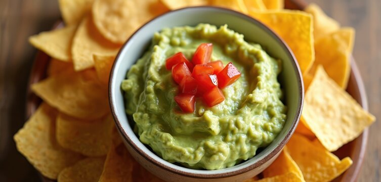 Bowl fresh guacamole topped with diced tomatoes. Served with crispy corn tortilla chips. Delicious Mexican food, snack for party, vegetarian dish. Healthy, flavorful. Food photography.