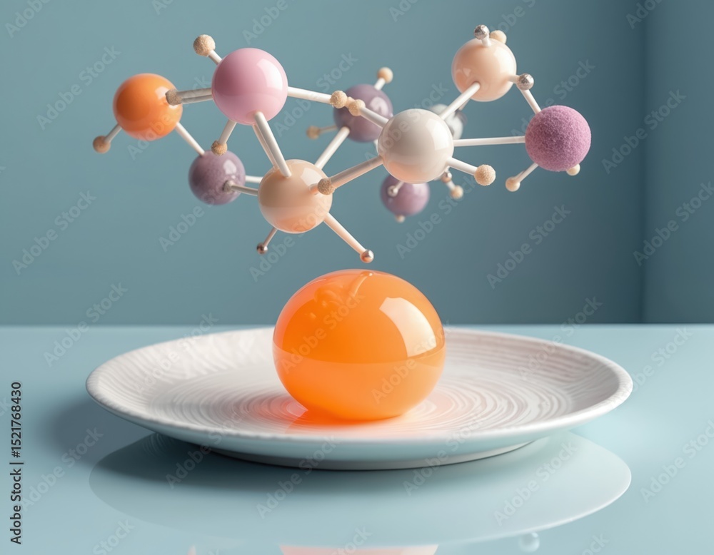 Poster art deco style image featuring sphere on plate with abstract molecular model. surreal, minimalist de