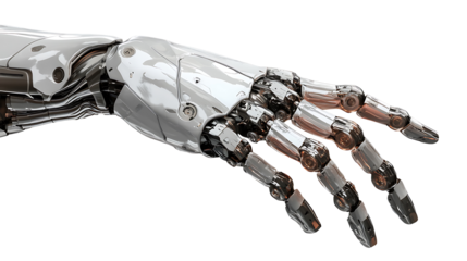 Detailed futuristic robotic hand illustration on transparent background representing advanced technology, prosthetics, and robotics breakthroughs