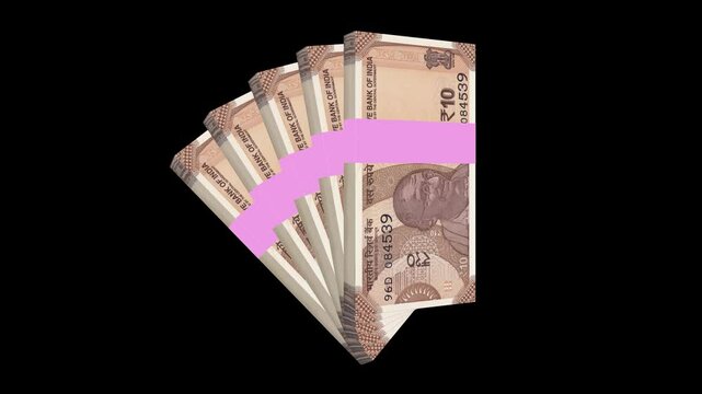 10 Rupee Curency of India, banknotes stacks animation