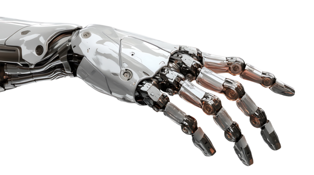 Detailed futuristic robotic hand illustration on transparent background representing advanced technology, prosthetics, and robotics breakthroughs
