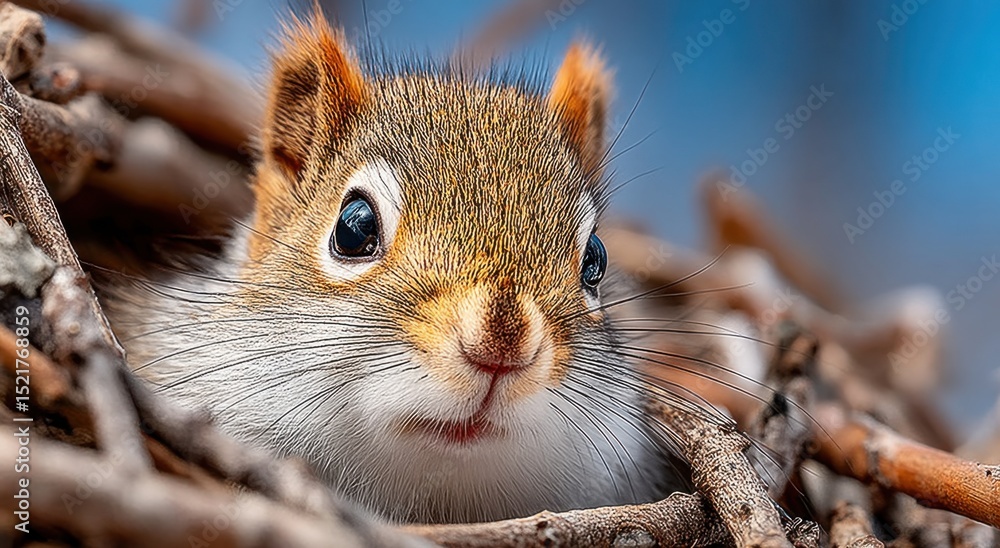 Poster close-up of red squirrel peeking out from branches, symbolizing wildlife conservation and environmen