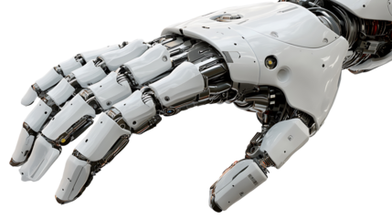 Precision engineered robotic hand isolated on transparent background featuring articulated joints and modern artificial limb technology