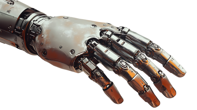 Futuristic robotic hand isolated on transparent background featuring intricate mechanical details and advanced artificial intelligence design