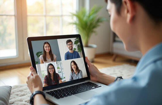 Asian man uses laptop for online video conference. People in call, work from home. Group of diverse colleagues on video call, remote team meeting, remote work. Business communication via web chat
