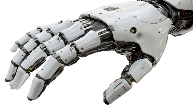 Precision engineered robotic hand isolated on transparent background featuring articulated joints and modern artificial limb technology