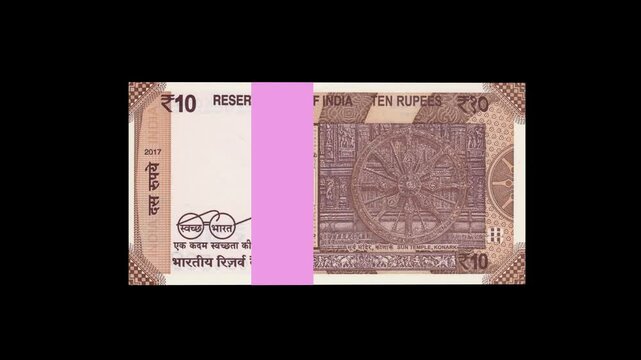 10 Rupee Curency of India, banknotes stacks animation