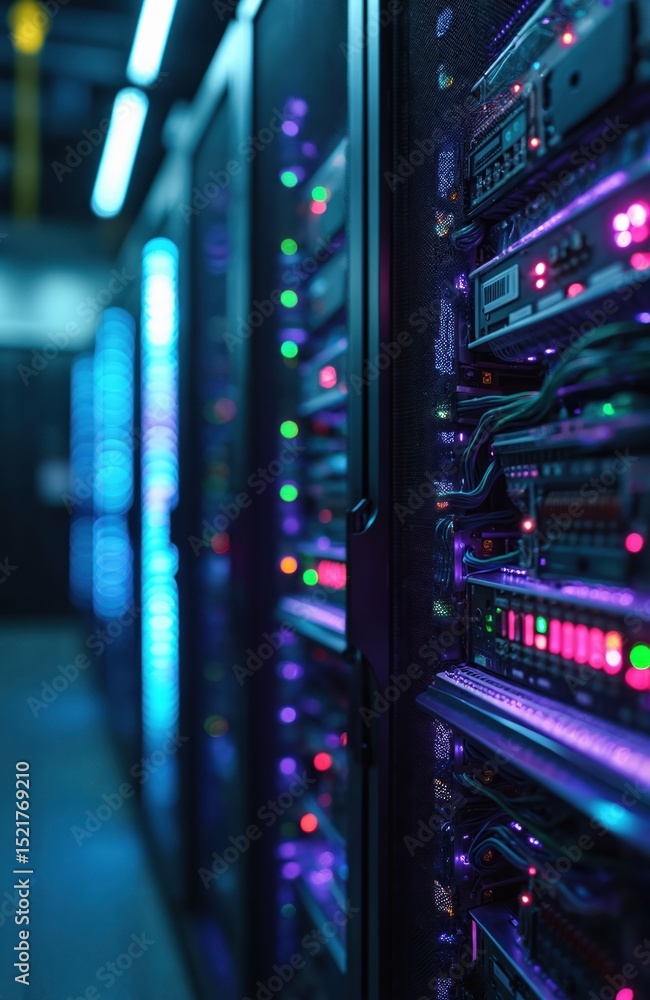 Poster Data center server rows with multiple machines, networking equipment. Modern infrastructure with high-speed data processing, secure digital storage. Network servers for cloud computing, data backup,