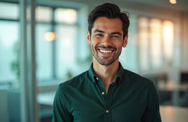 Happy smiling male executive in office. Confident handsome businessman portrait working. Pro, employee, expertise. Young 20s Hispanic man, looking at camera. Corporate business person, indoor.