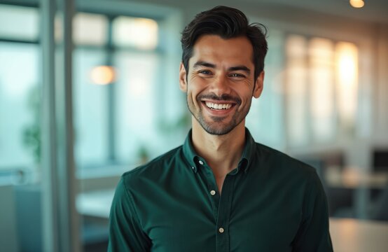 Happy smiling male executive in office. Confident handsome businessman portrait working. Pro, employee, expertise. Young 20s Hispanic man, looking at camera. Corporate business person, indoor.