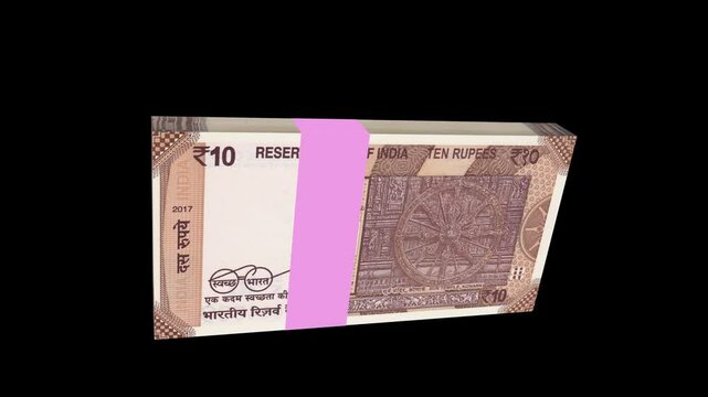 10 Rupee Curency of India, banknotes stacks animation