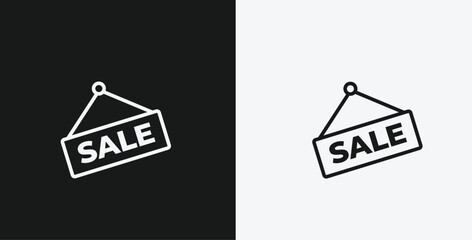 White Outline Icon Hanging SALE Sign on Black and White Backgrounds, Representing Retail Sales or Promotions
