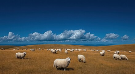 Fototapeta premium Flock of Sheep Grazing in a Field Under a Blue Sky, Representing Rural Harmony and Sustainable Agriculture, Ideal for Environmental Awareness Campaigns : Generative AI