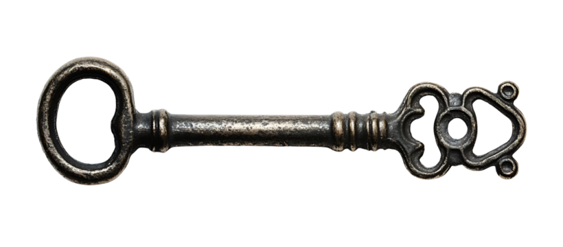 Elegant antique bronze key on transparent background symbolizing traditional access, trust, and old-world security craftsmanship