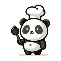 A cute panda chef holding a tiny frying pan