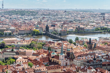 View of Vltava and Old Town from bell tower of St Vitus Cathedral in Prague in Czech Republic