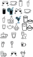 Various drink icons show different beverages like coffee tea juice cocktails beer and wine in glass mugs and cups