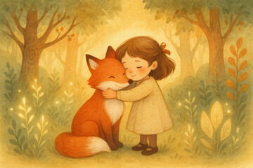 Girl Comforting Fox in Magical Forest – Soft Watercolor Style Illustration