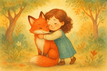 Little Girl Hugging Fox in Sunny Forest – Wholesome Children’s Storybook Art