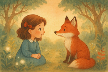 Girl Sitting with Fox in Warm Light – Wholesome Kids Illustration
