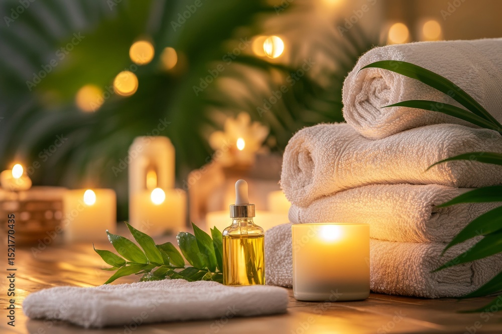 Poster soft towels are arranged neatly alongside aromatic oils and lit candles, creating a serene atmospher