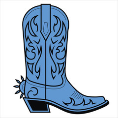 Blue cowgirl boot with spurs, floral details. Western Wild West vector illustration, perfect for Texas, sheriff, and ranch designs.