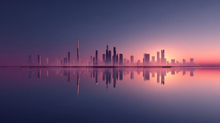 Dubai skyline reflected in tranquil waters at sunset, creating a serene scene