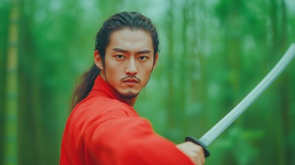 East Asian man in red robe with sword in forest, warrior stance, martial arts concept, historical cultural hero, intense expression, green background, traditional eastern warrior


