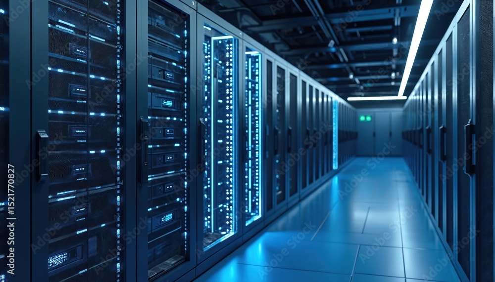 Poster modern data center featuring rows server racks with blue lights. highlights advanced it infrastructu