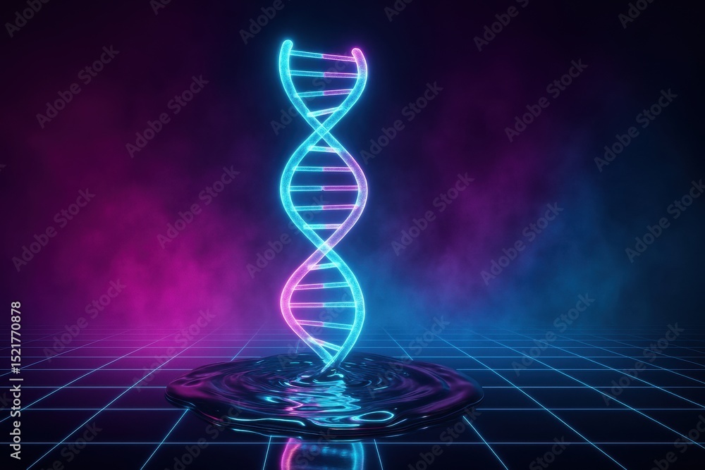 Poster neon dna helix in a futuristic setting with reflections