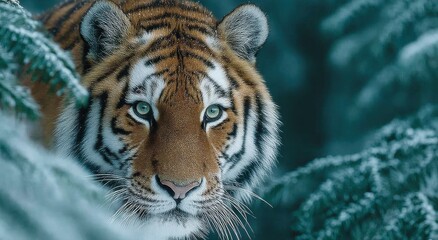 Obraz premium Siberian Tiger Portrait in Winter Forest, Symbolizing Wildlife Conservation and Environmental Awareness, Ideal for Nature Documentaries and Educational Material : Generative AI