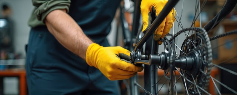 Mechanic with yellow gloves tightens bicycle bolts with tools in workshop. Bike repairman assembling parts with wrench. Crafting repair process. Close-up hands fixing gear. Maintenance, craftsmanship.