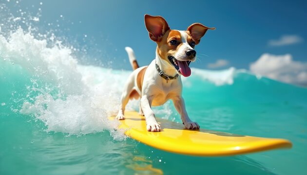Happy dog surfs on yellow surfboard in ocean wave. Playful pet enjoys summer beach vacation. Canine runs, jumps, splash in blue sea water with joy. Funny animal portrait, vacation joy. - Powered by Adobe