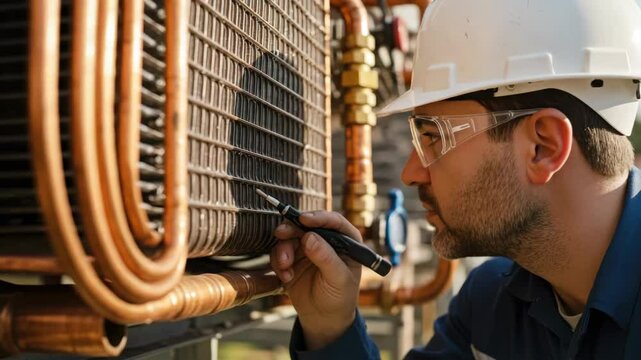 HVAC technician inspecting air conditioning unit condenser coils copper pipes.  Professional repairman examining cooling system components.  Expert HVAC maintenance ensures efficient air conditioning.