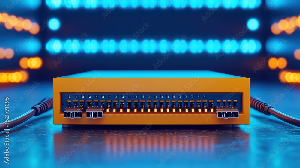 Poster modern network switch with led indicators on a metallic surface against a colorful background