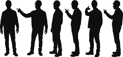 Silhouettes of construction workers in helmets pointing in various directions on white background