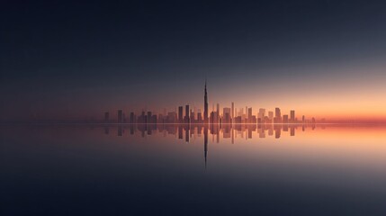 Fototapeta premium Spectacular sunrise cityscape of Dubai with reflected skyline on calm water