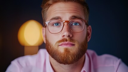 Young man with glasses and beard gazes thoughtfully at the camera in soft light and blurred background